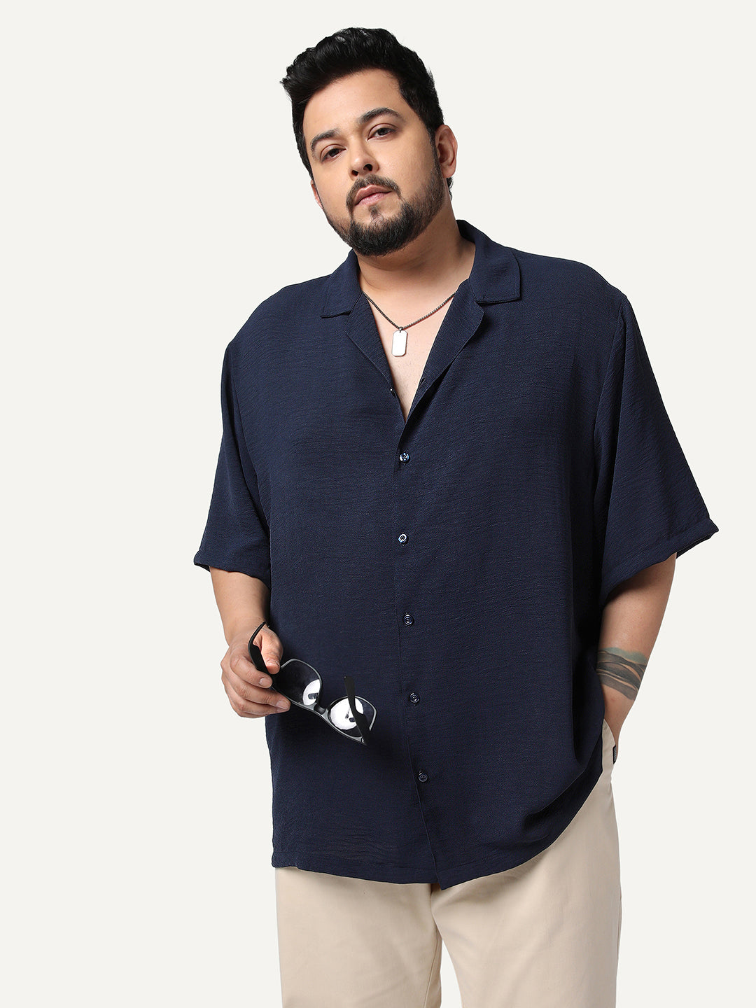 Plus Men's Navy Cotton Half Sleeve Relaxed Fit Textured Shirt with Cuban Collar