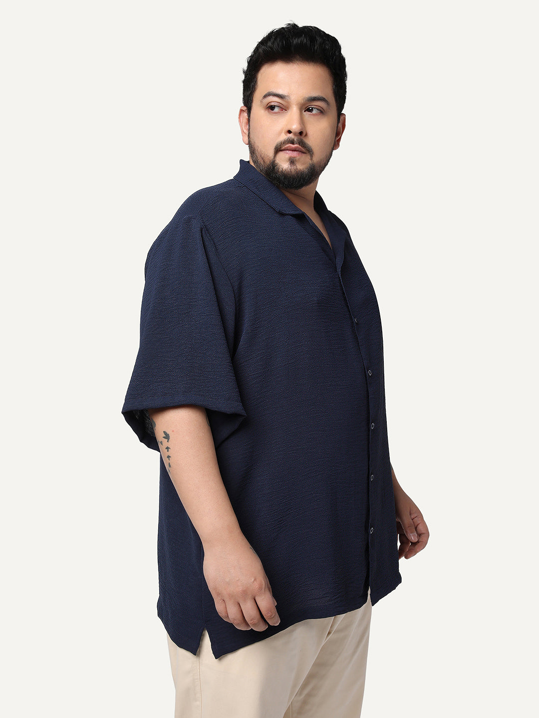Plus Men's Navy Cotton Half Sleeve Relaxed Fit Textured Shirt with Cuban Collar
