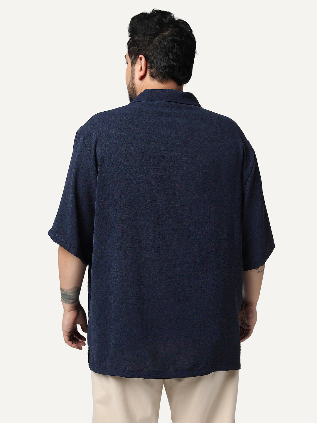 Plus Men's Navy Cotton Half Sleeve Relaxed Fit Textured Shirt with Cuban Collar