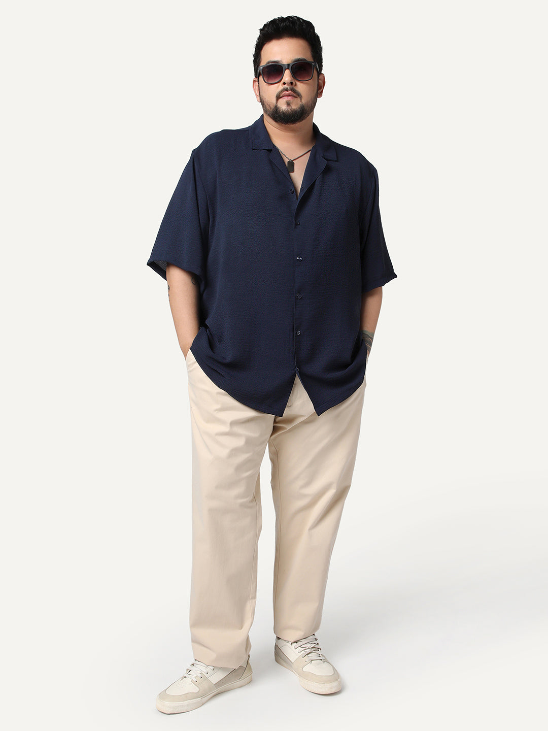 Plus Men's Navy Cotton Half Sleeve Relaxed Fit Textured Shirt with Cuban Collar