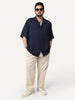 Plus Men's Navy Cotton Half Sleeve Relaxed Fit Textured Shirt with Cuban Collar