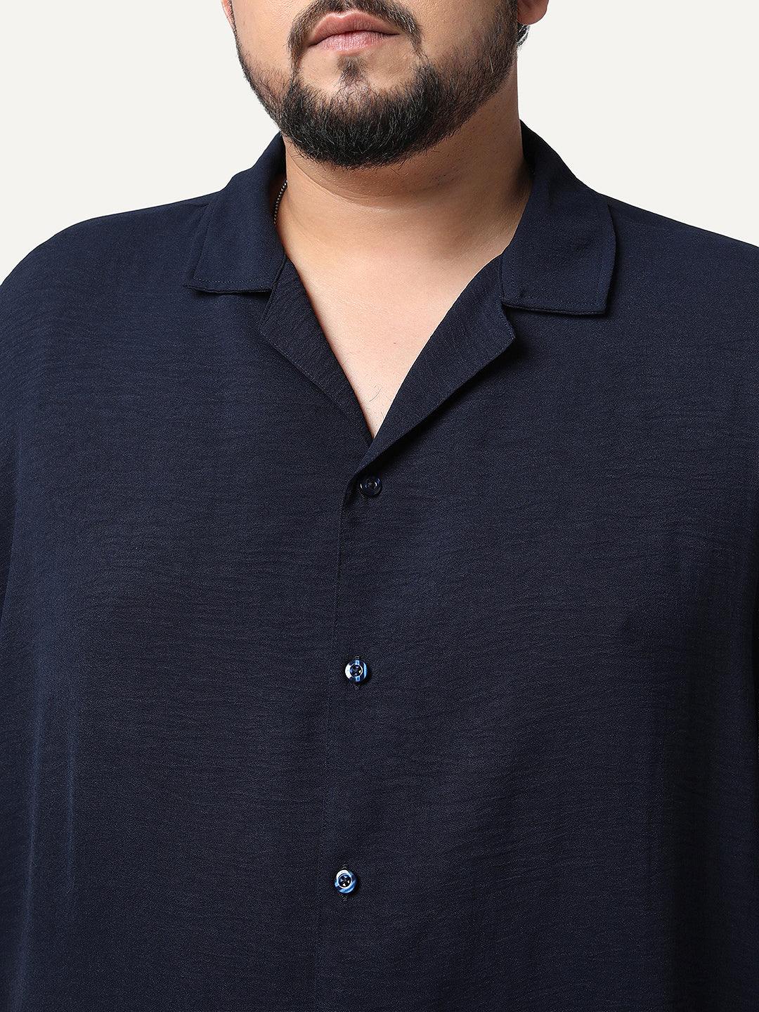 Plus Men's Navy Cotton Half Sleeve Relaxed Fit Textured Shirt with Cuban Collar