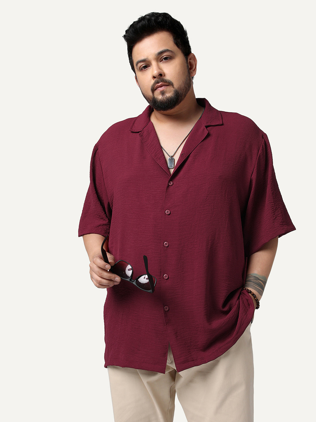 Plus Men's Red Cotton Half Sleeve Relaxed Fit Textured Shirt with Cuban Collar