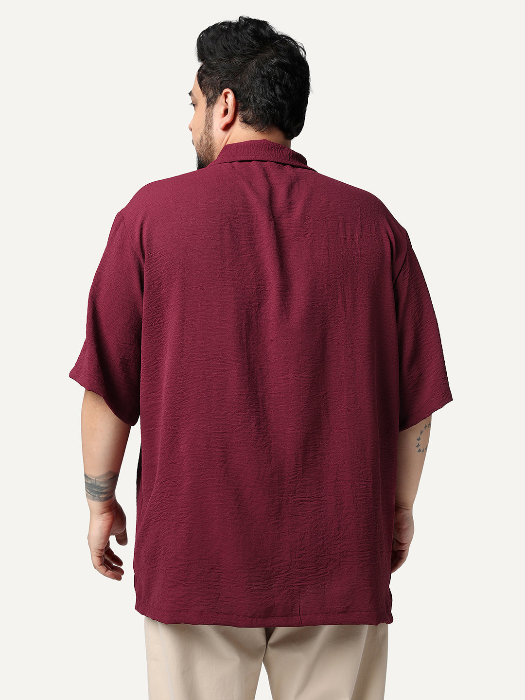 Plus Men's Red Cotton Half Sleeve Relaxed Fit Textured Shirt with Cuban Collar