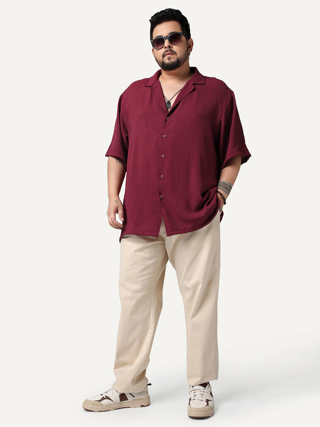 Plus Men's Red Cotton Half Sleeve Relaxed Fit Textured Shirt with Cuban Collar