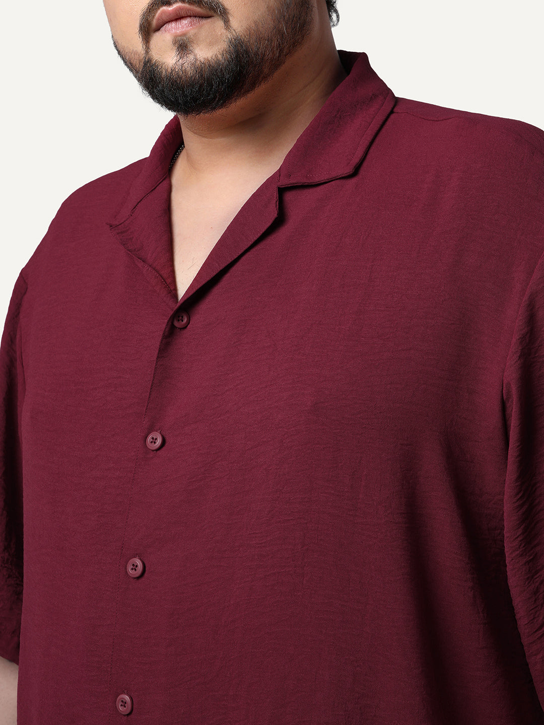 Plus Men's Red Cotton Half Sleeve Relaxed Fit Textured Shirt with Cuban Collar