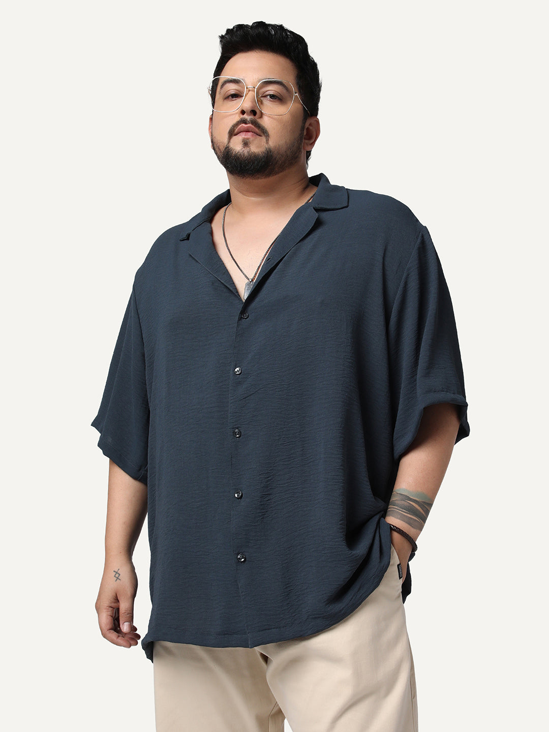 Plus Men's Steel Cotton Half Sleeve Relaxed Fit Textured Shirt with Cuban Collar