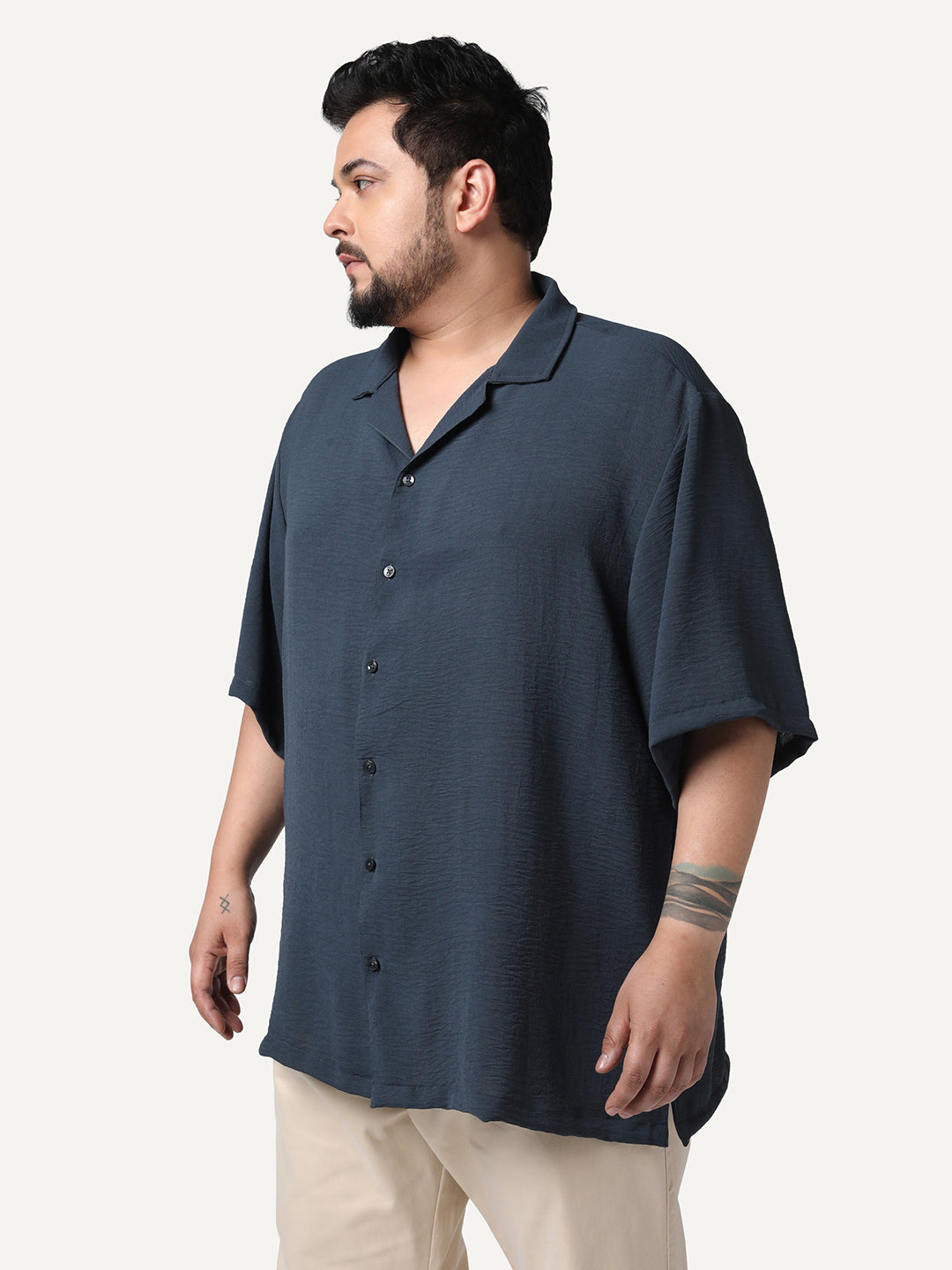 Plus Men's Steel Cotton Half Sleeve Relaxed Fit Textured Shirt with Cuban Collar