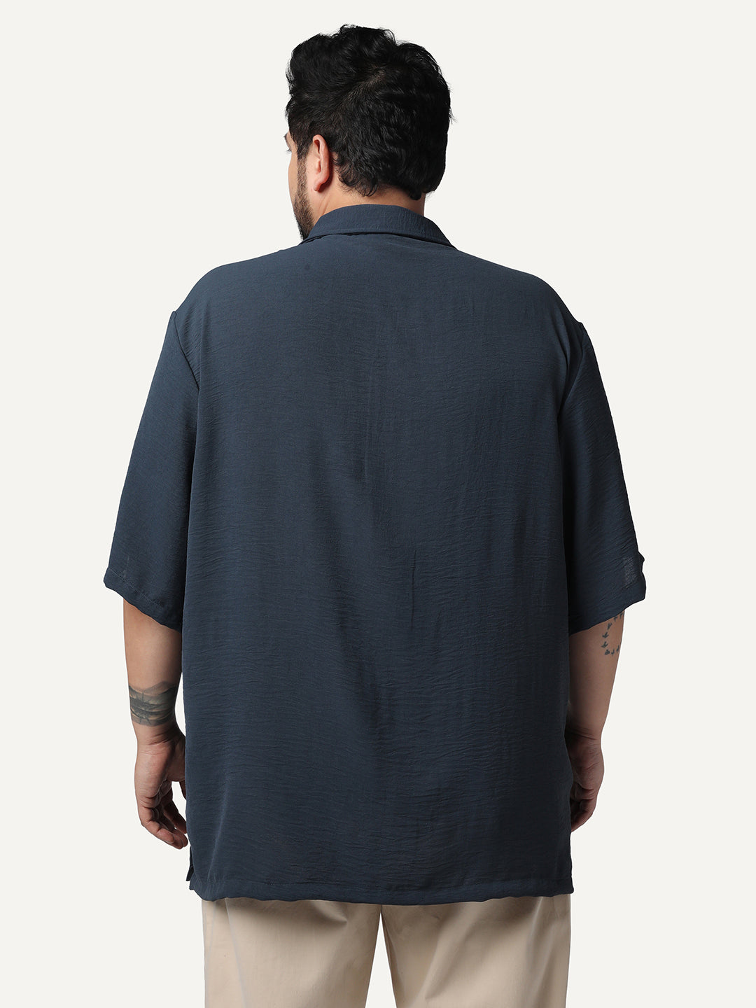 Plus Men's Steel Cotton Half Sleeve Relaxed Fit Textured Shirt with Cuban Collar