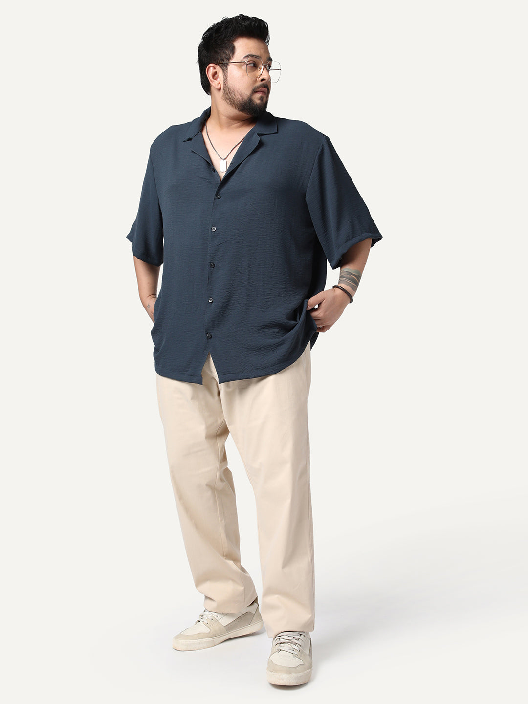 Plus Men's Steel Cotton Half Sleeve Relaxed Fit Textured Shirt with Cuban Collar