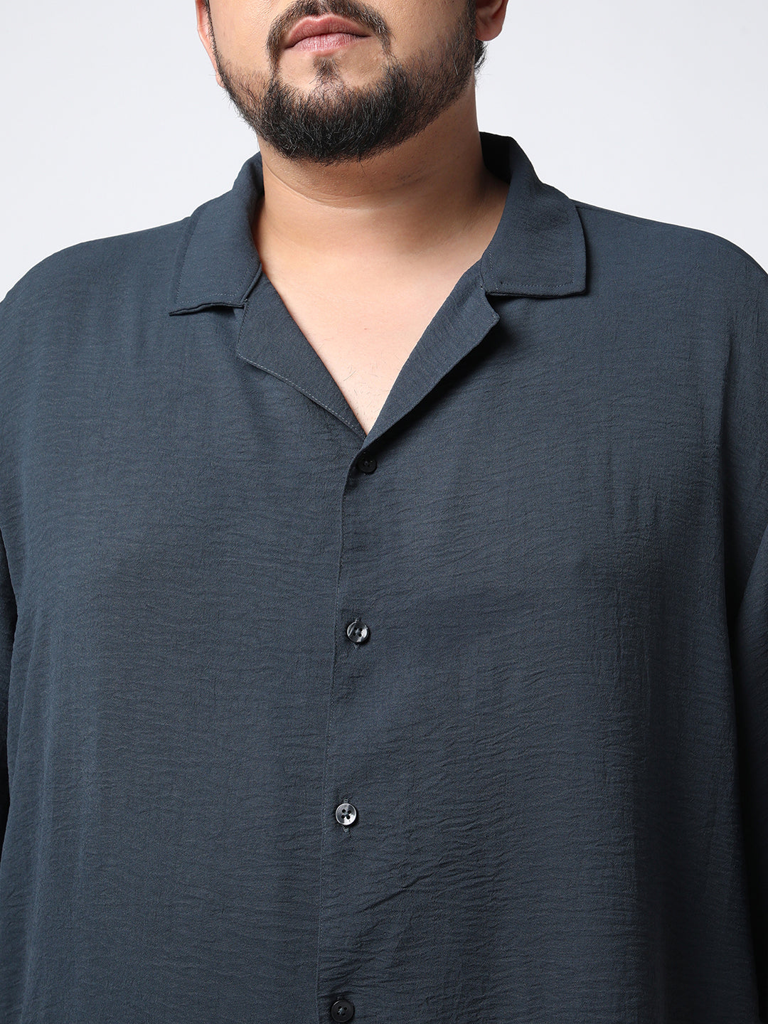 Plus Men's Steel Cotton Half Sleeve Relaxed Fit Textured Shirt with Cuban Collar
