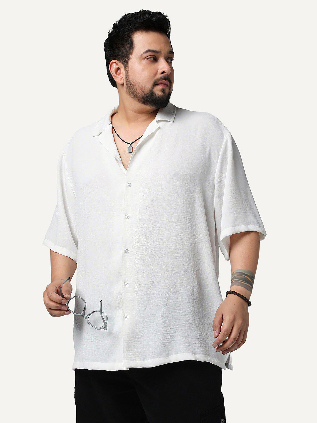 Plus Men's White Cotton Half Sleeve Relaxed Fit Textured Shirt with Cuban Collar