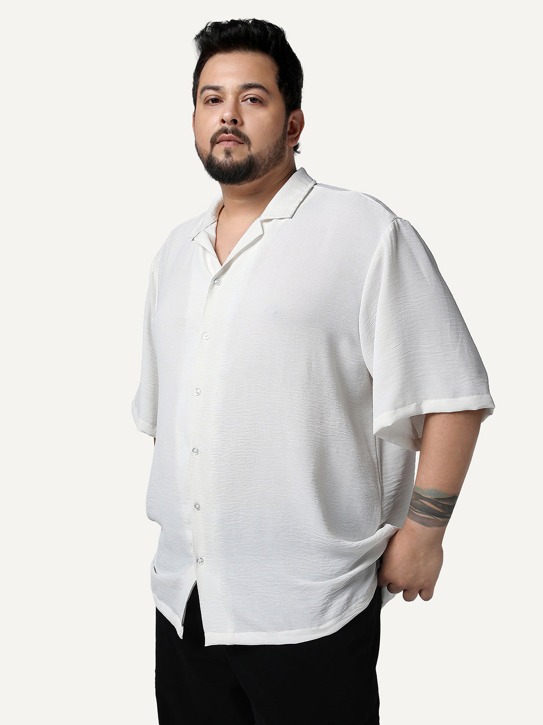 Plus Men's White Cotton Half Sleeve Relaxed Fit Textured Shirt with Cuban Collar