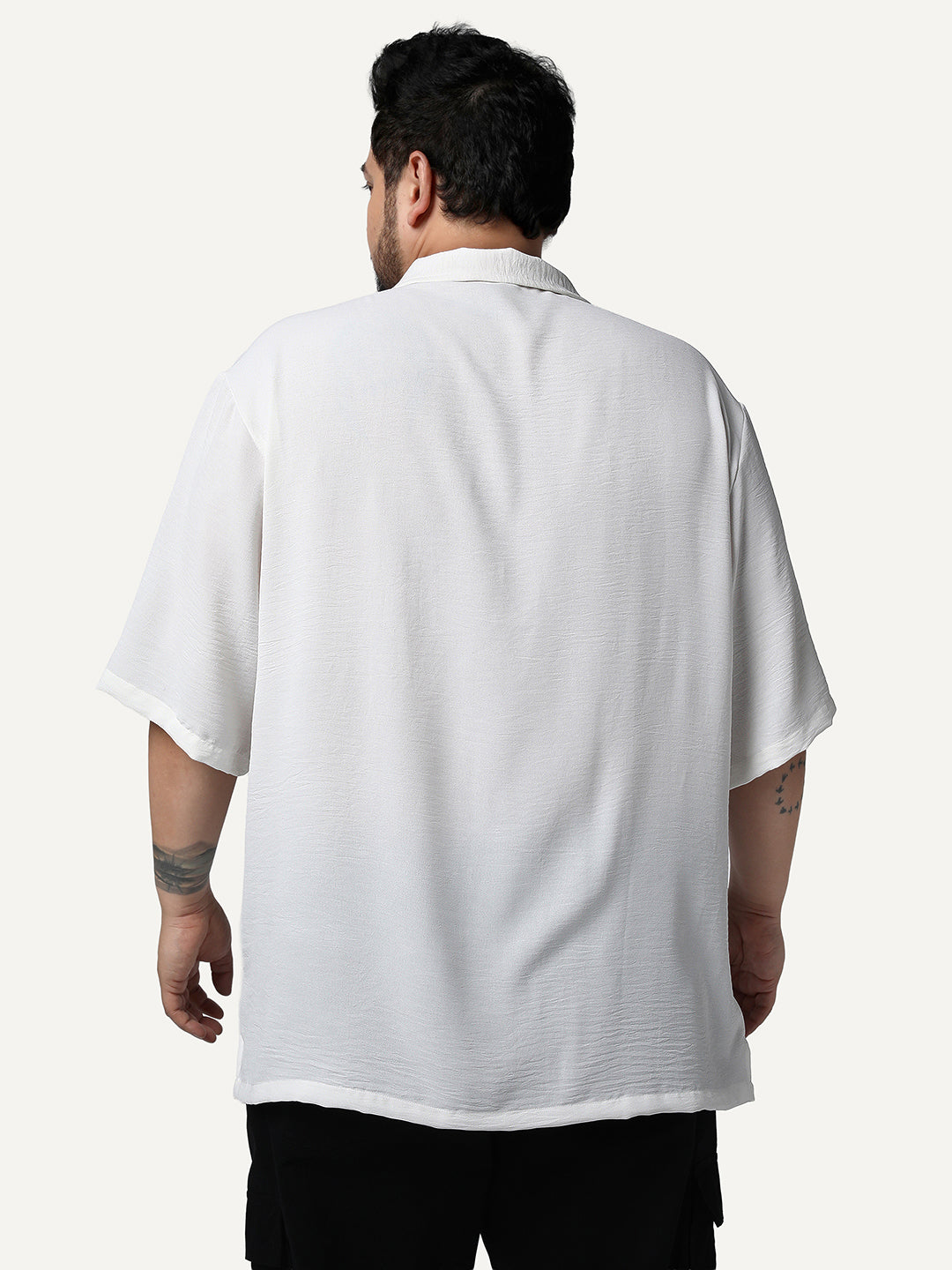 Plus Men's White Cotton Half Sleeve Relaxed Fit Textured Shirt with Cuban Collar