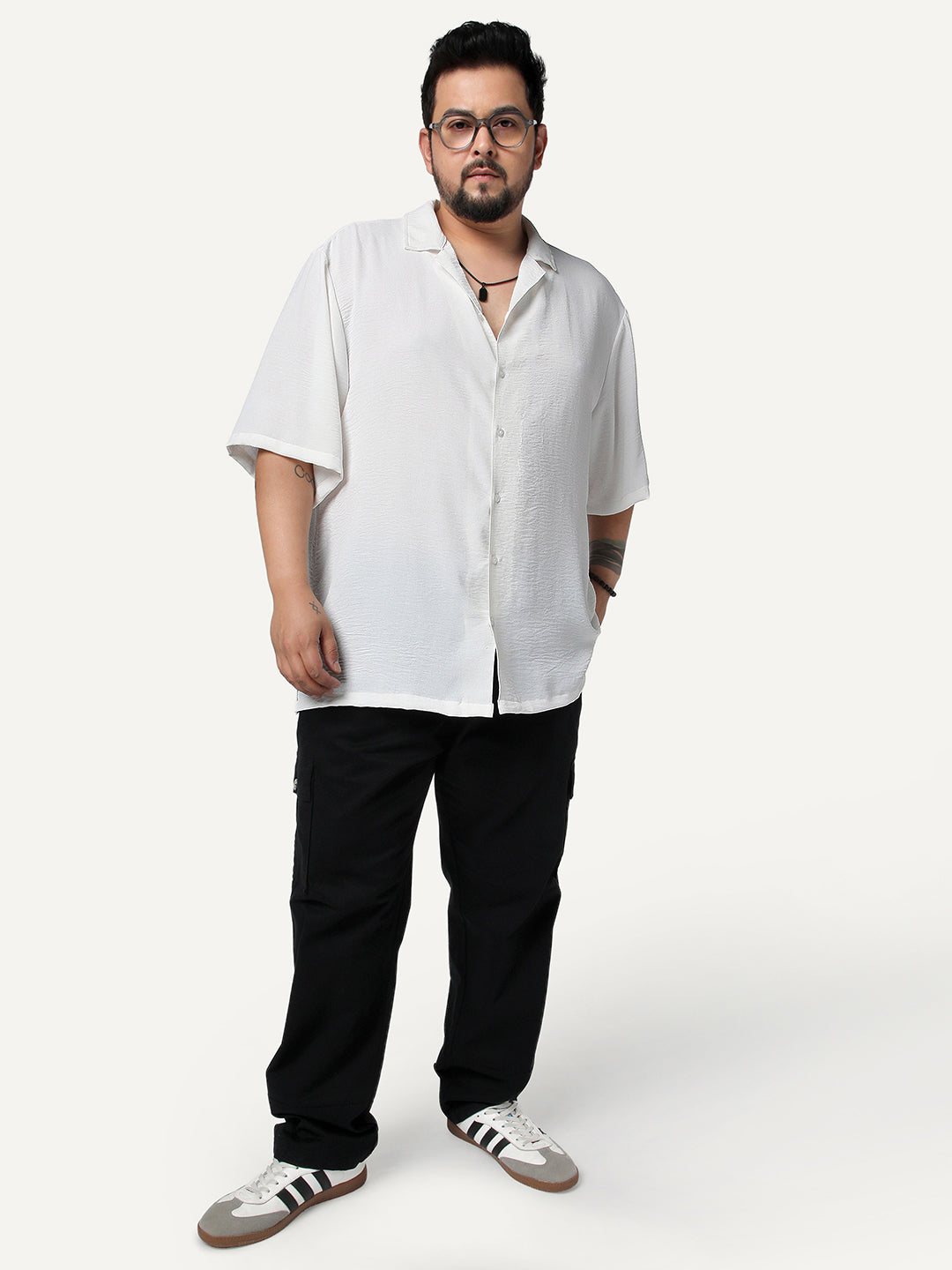 Plus Men's White Cotton Half Sleeve Relaxed Fit Textured Shirt with Cuban Collar