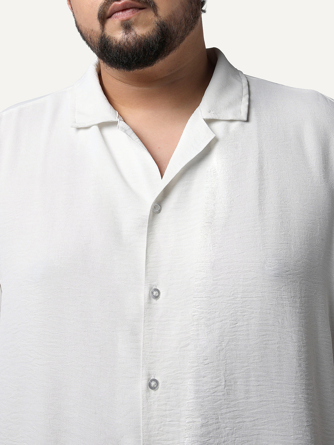 Plus Men's White Cotton Half Sleeve Relaxed Fit Textured Shirt with Cuban Collar