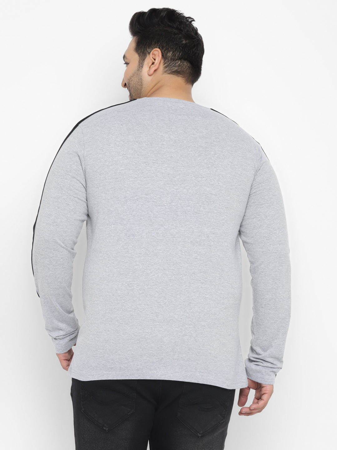 Plus Men's Grey Color-Block Regular Fit Full Sleeve Cotton T-Shirt