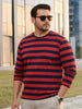Plus Men's Red, Navy Blue Striped Regular Fit Full Sleeve Cotton T-Shirt