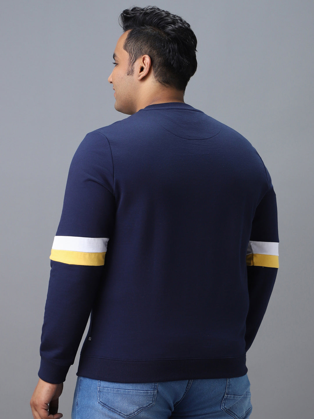 Urbano Plus Men's Blue Cotton Color Block Round Neck Sweatshirt