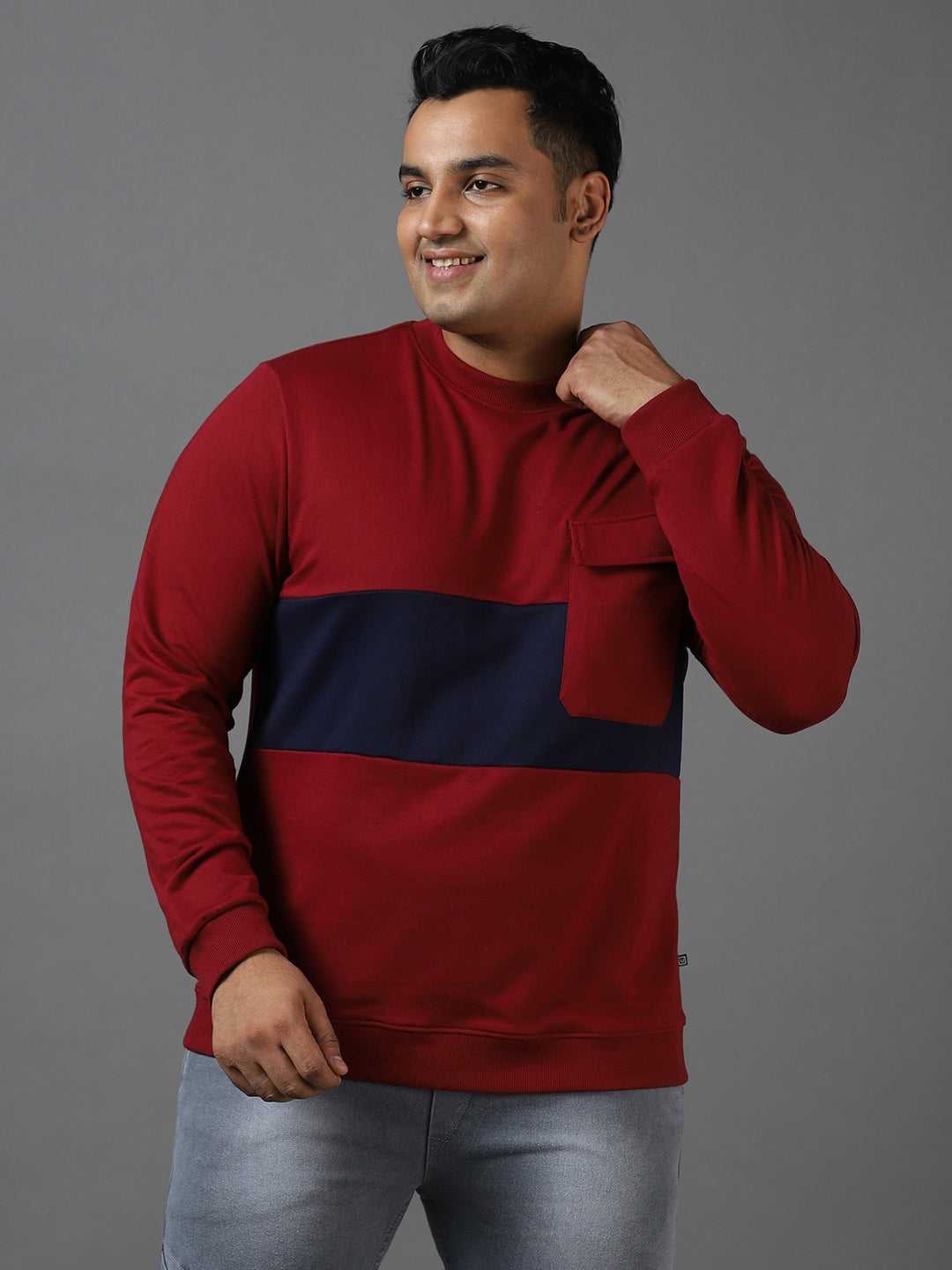 Urbano Plus Men's Maroon Cotton Color Block Round Neck Sweatshirt