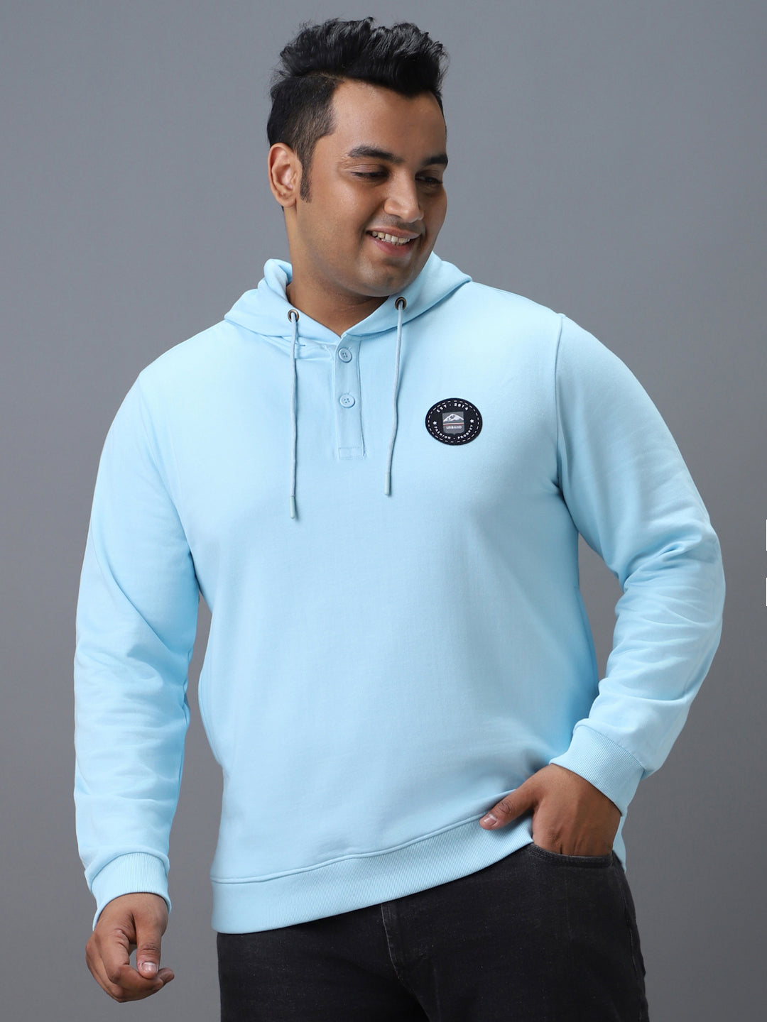 Plus Men's Blue Cotton Solid Button Hooded Neck Sweatshirt