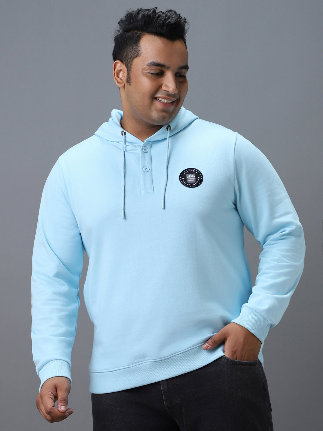 Urbano Plus Men's Blue Cotton Solid Button Hooded Neck Sweatshirt