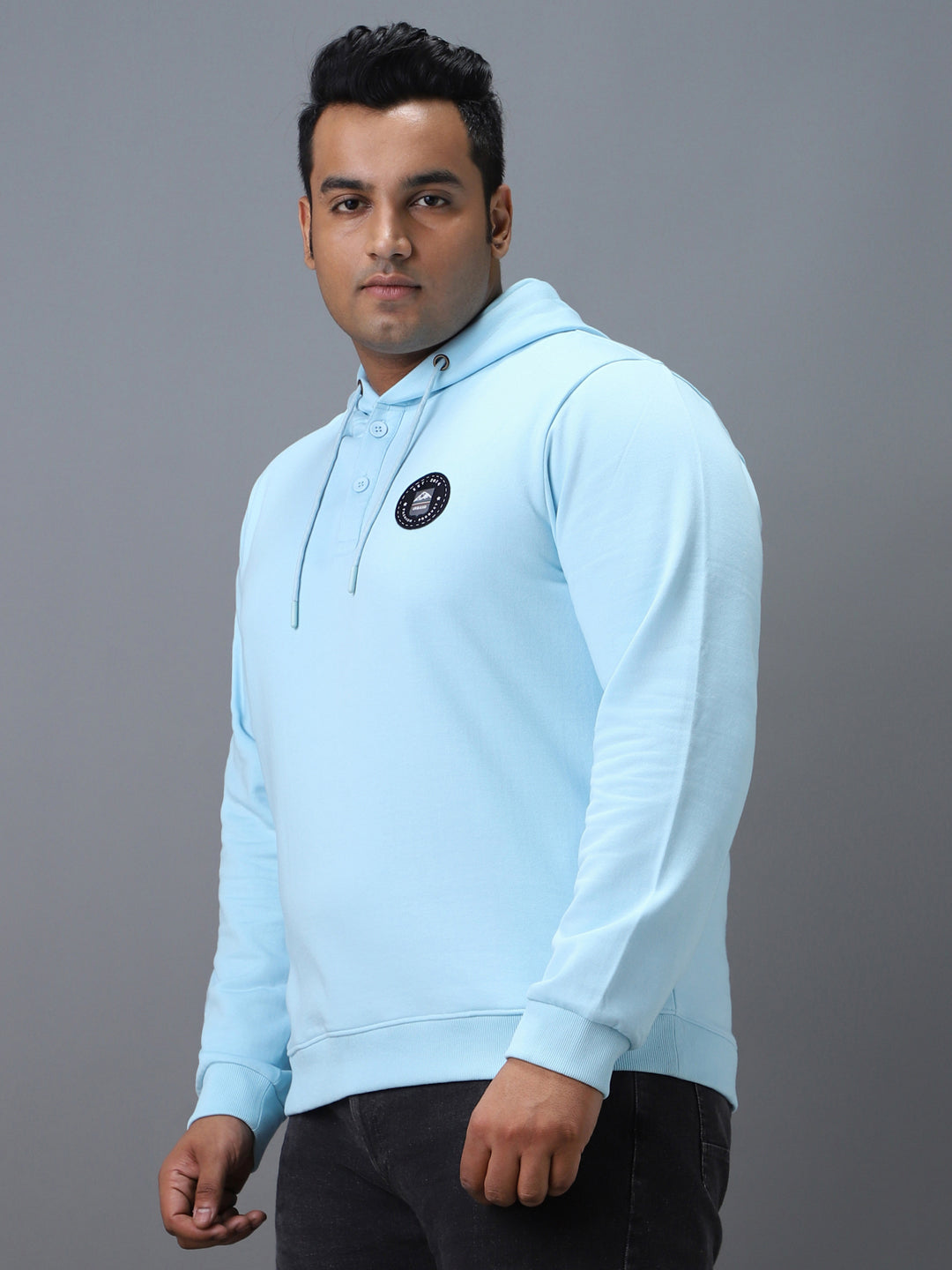 Plus Men's Blue Cotton Solid Button Hooded Neck Sweatshirt