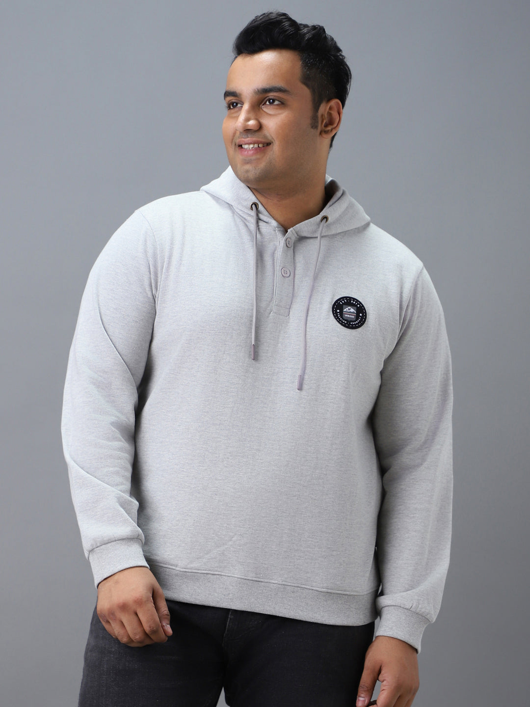 Plus Men's Grey Cotton Solid Button Hooded Neck Sweatshirt