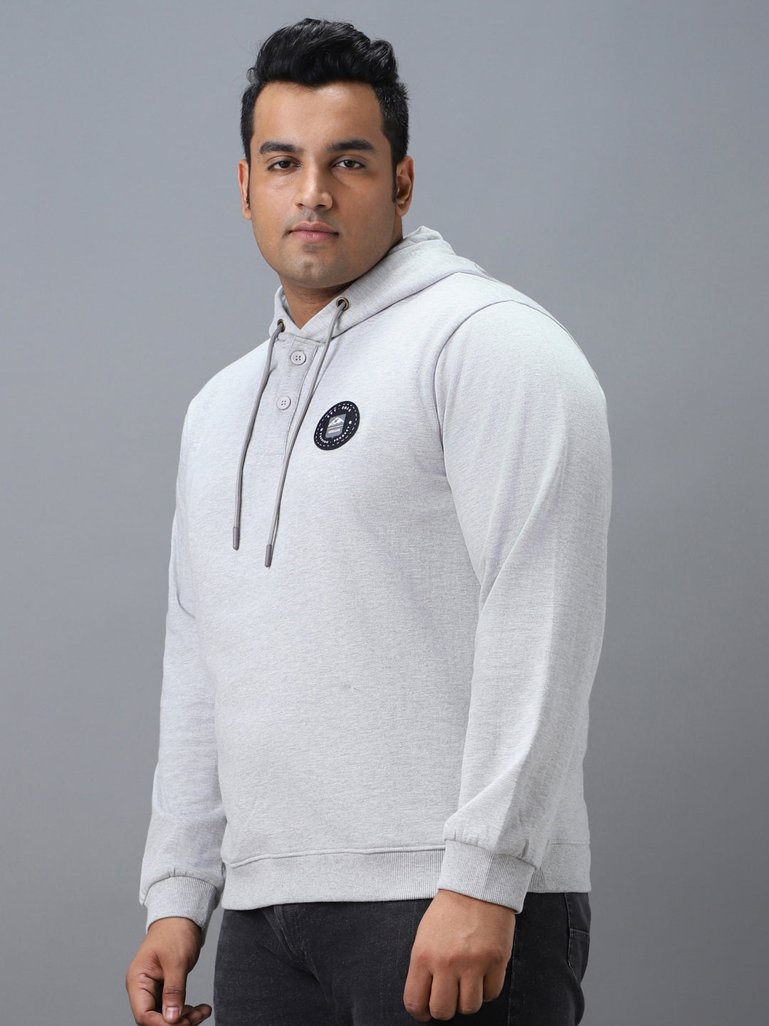 Plus Men's Grey Cotton Solid Button Hooded Neck Sweatshirt