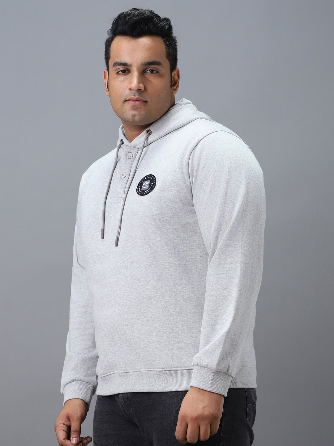 Urbano Plus Men's Grey Cotton Solid Button Hooded Neck Sweatshirt