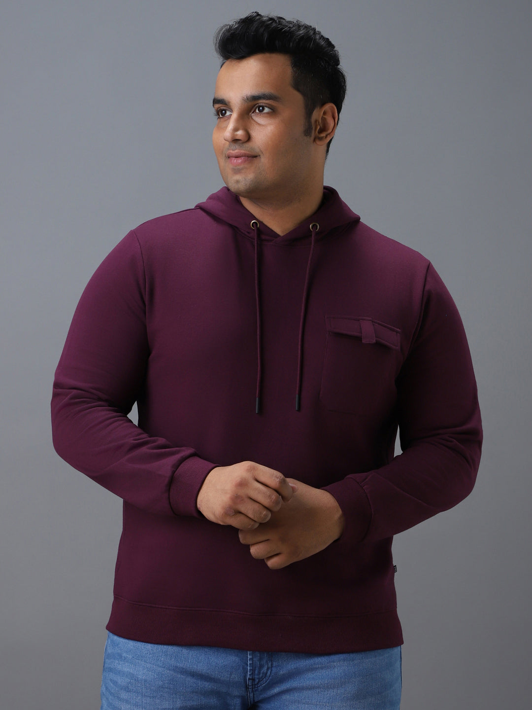 Plus Men's Purple Cotton Solid Hooded Neck Sweatshirt