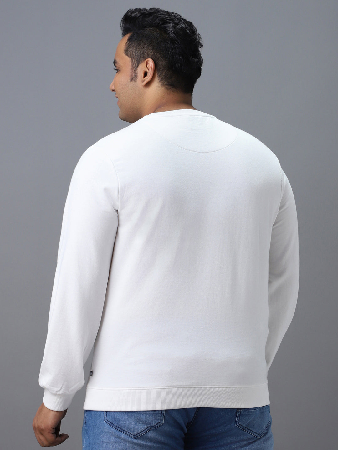Plus Men's White Cotton Graphic Print Round Neck Sweatshirt