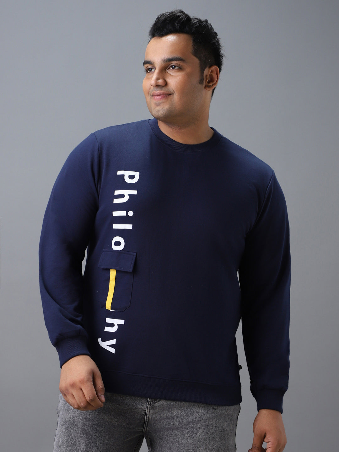 Plus Men's Blue Cotton Graphic Print Round Neck Sweatshirt