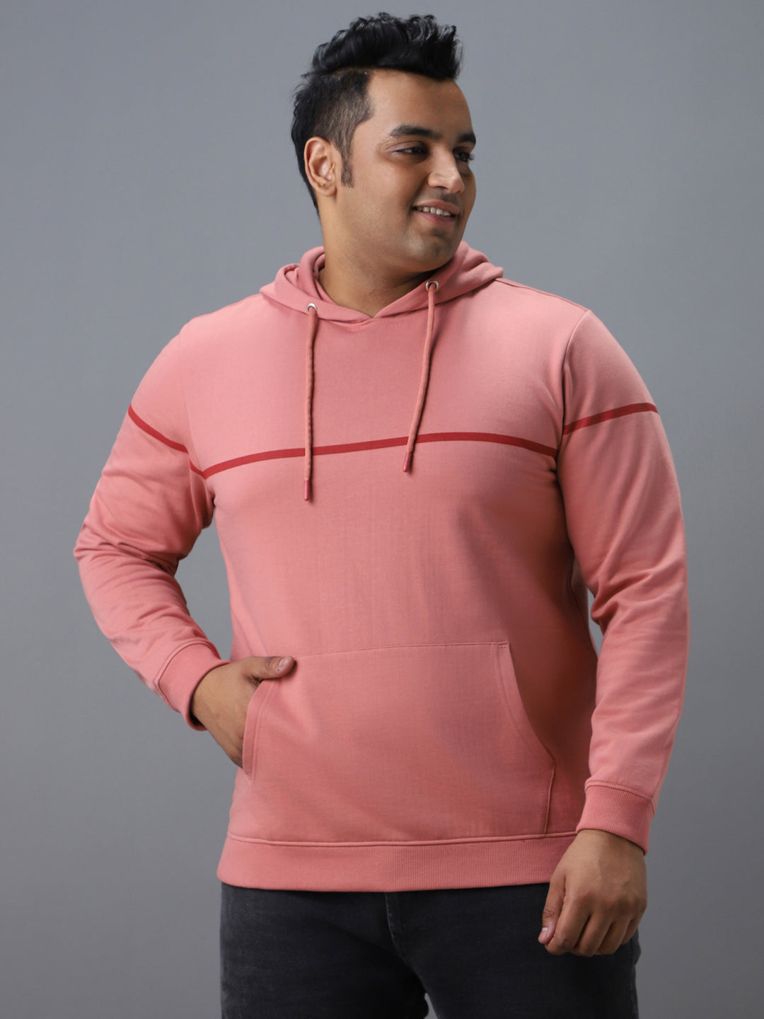 Plus Men's Pink Cotton Solid Hooded Neck Sweatshirt