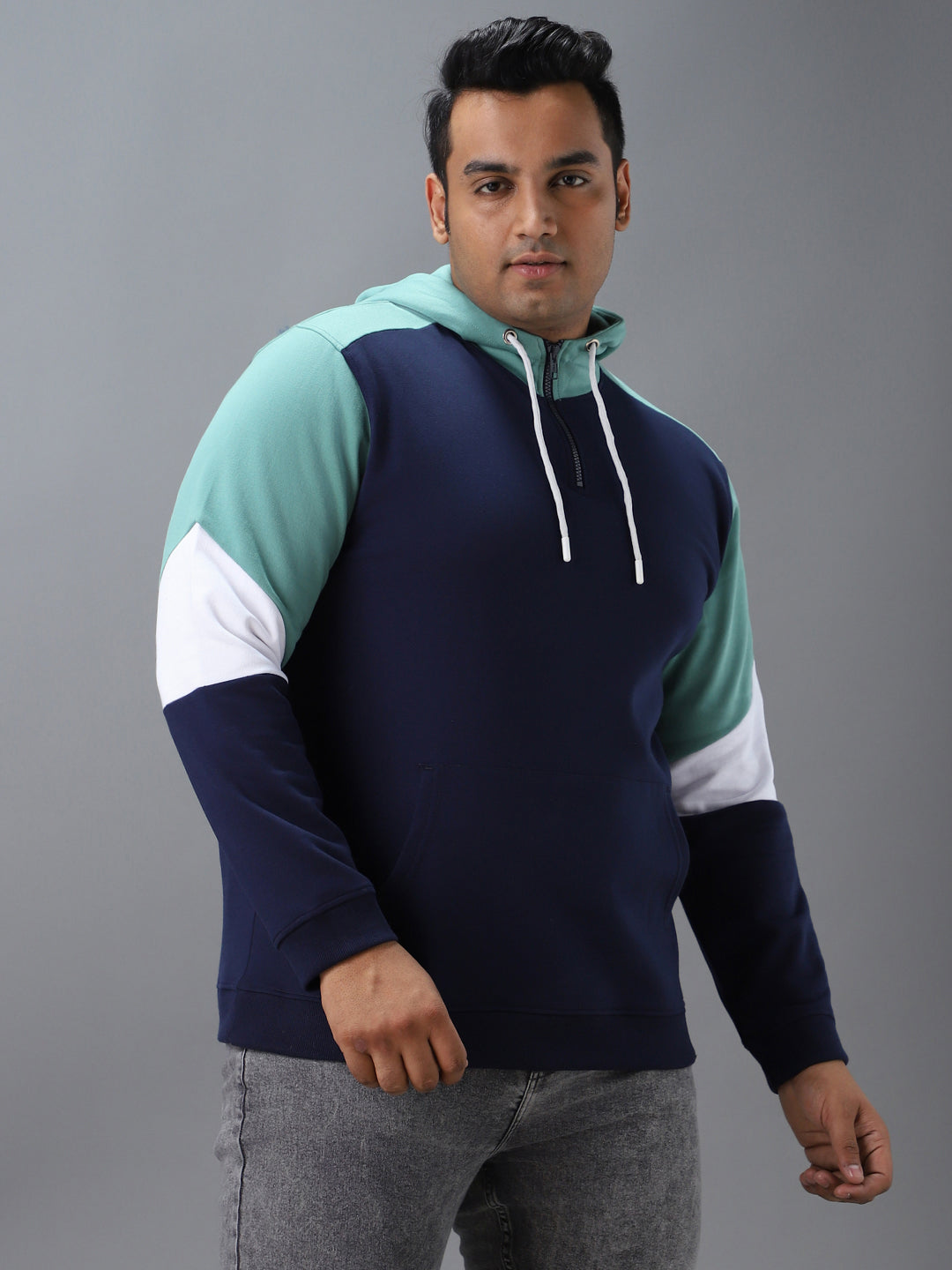 Urbano Plus Men's Blue, Green Cotton Colour Block Hooded Neck Sweatshirt
