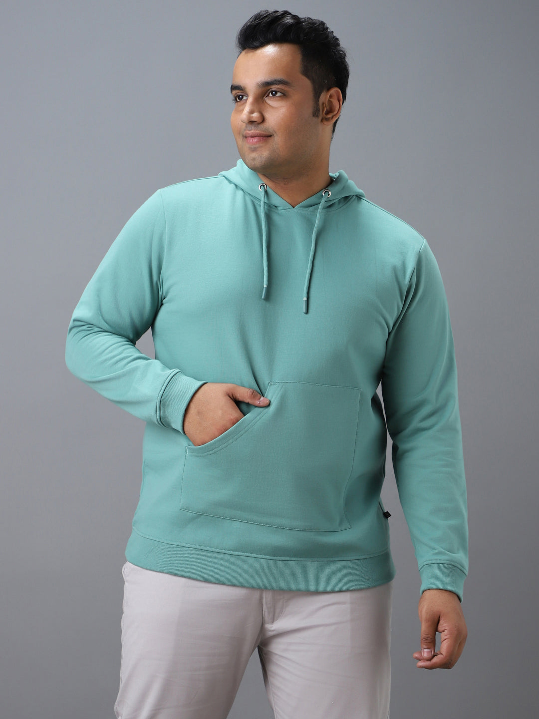 Plus Men's Green Cotton Solid Hooded Neck Sweatshirt