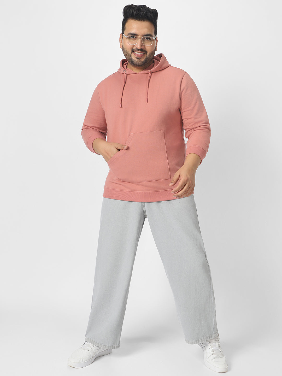 Plus Men's Pink Cotton Solid Hooded Neck Sweatshirt