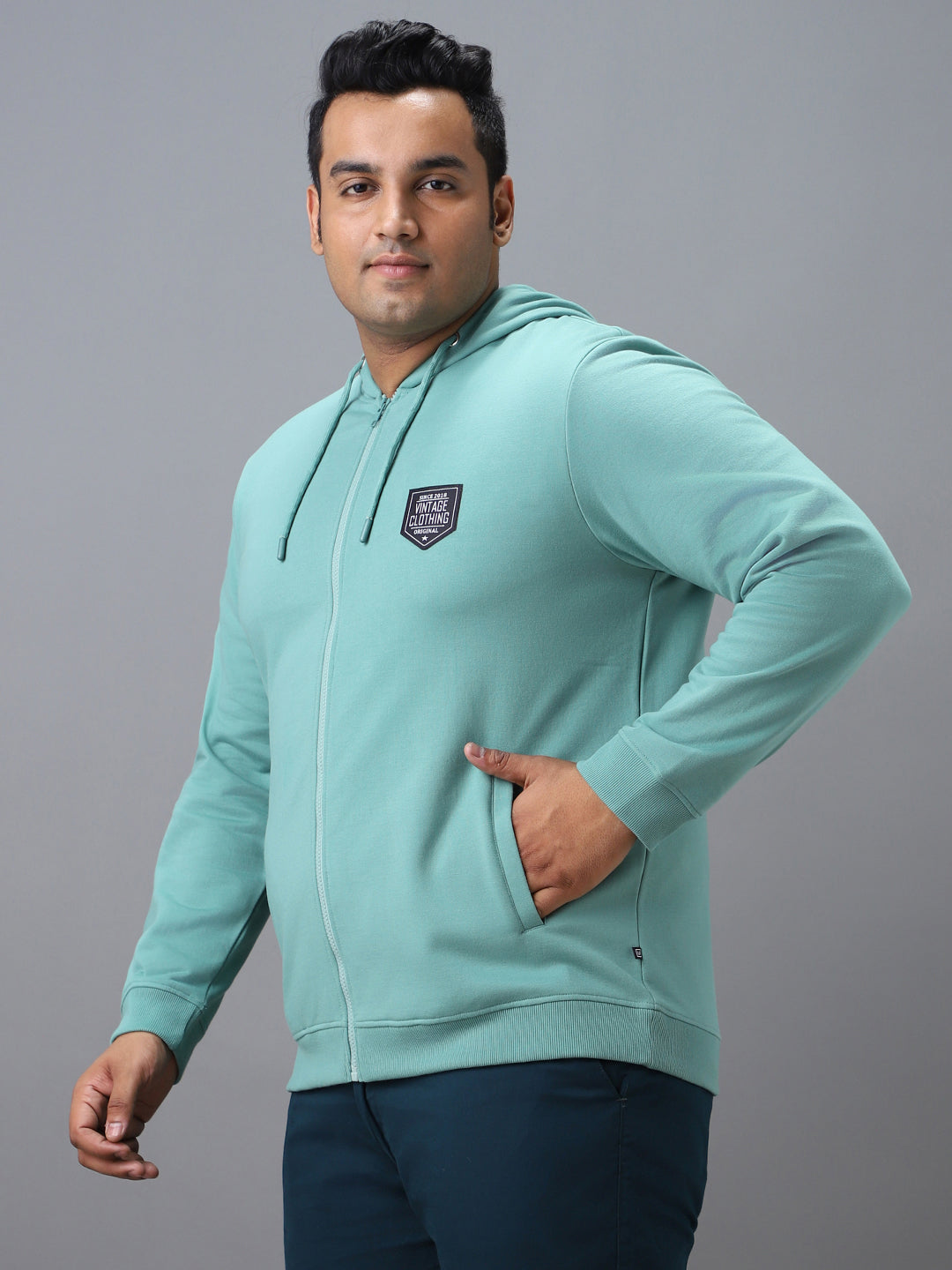 Plus Men's Green Cotton Solid Zippered Hooded Neck Sweatshirt