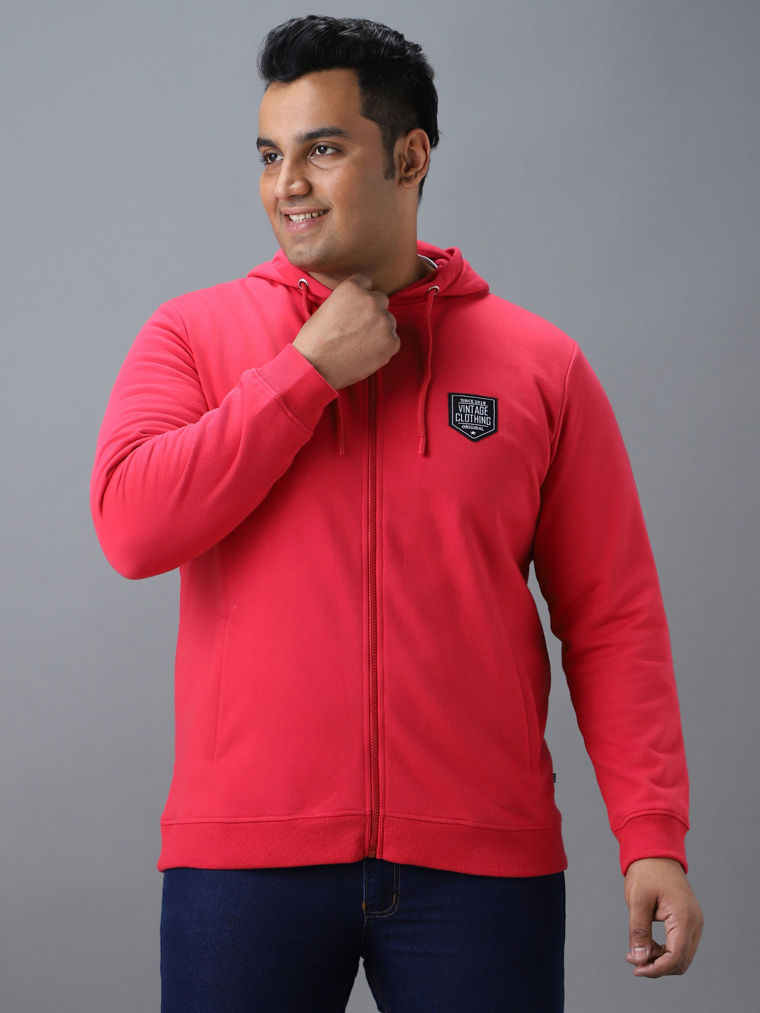 Plus Men's Pink Cotton Solid Zippered Hooded Neck Sweatshirt