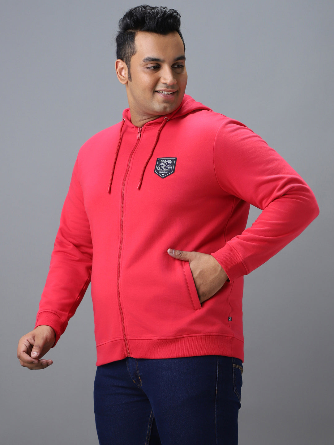 Plus Men's Pink Cotton Solid Zippered Hooded Neck Sweatshirt