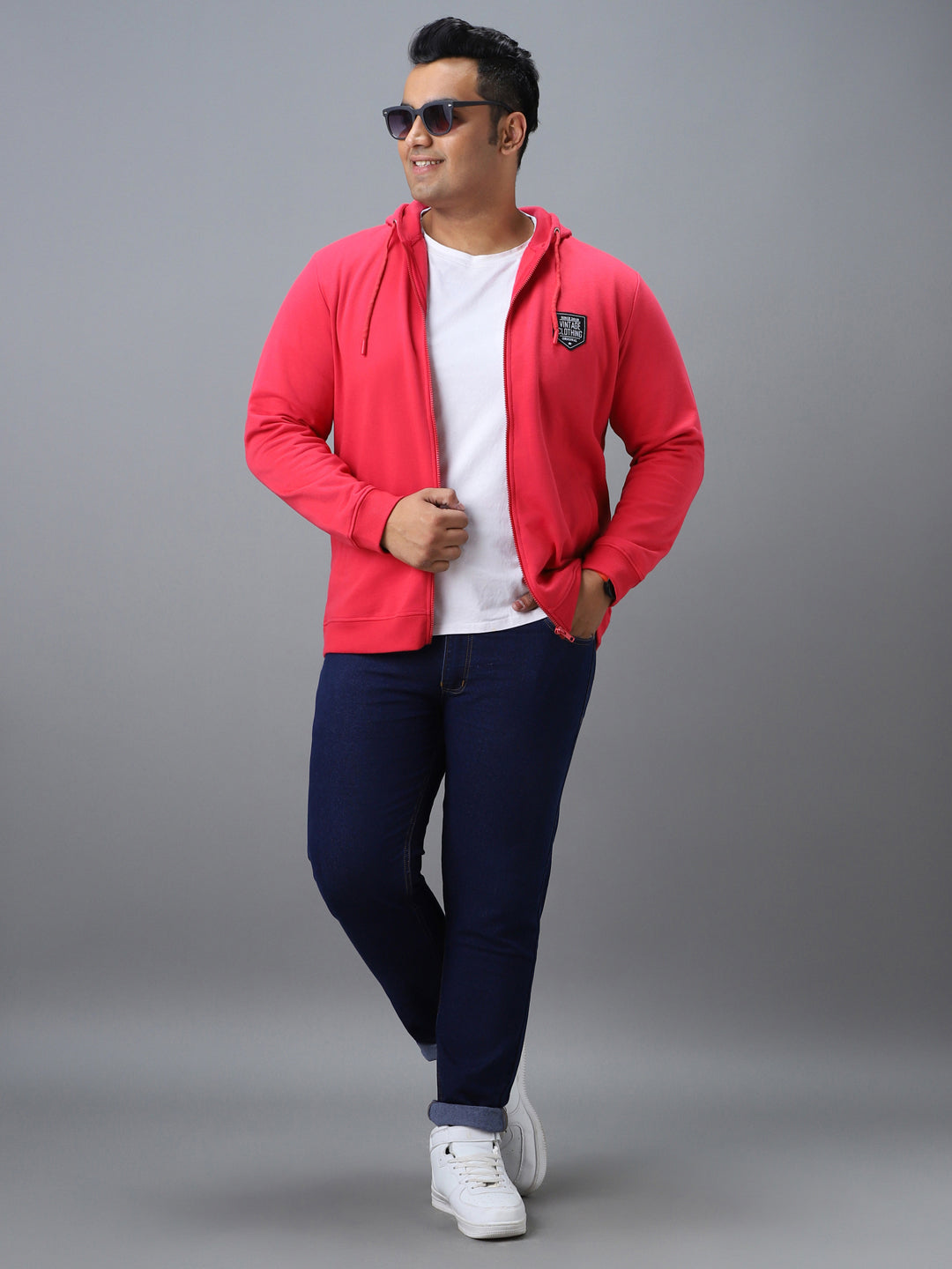 Urbano Plus Men's Pink Cotton Solid Zippered Hooded Neck Sweatshirt