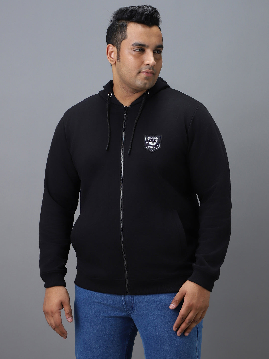 Urbano Plus Men's Black Cotton Solid Zippered Hooded Neck Sweatshirt