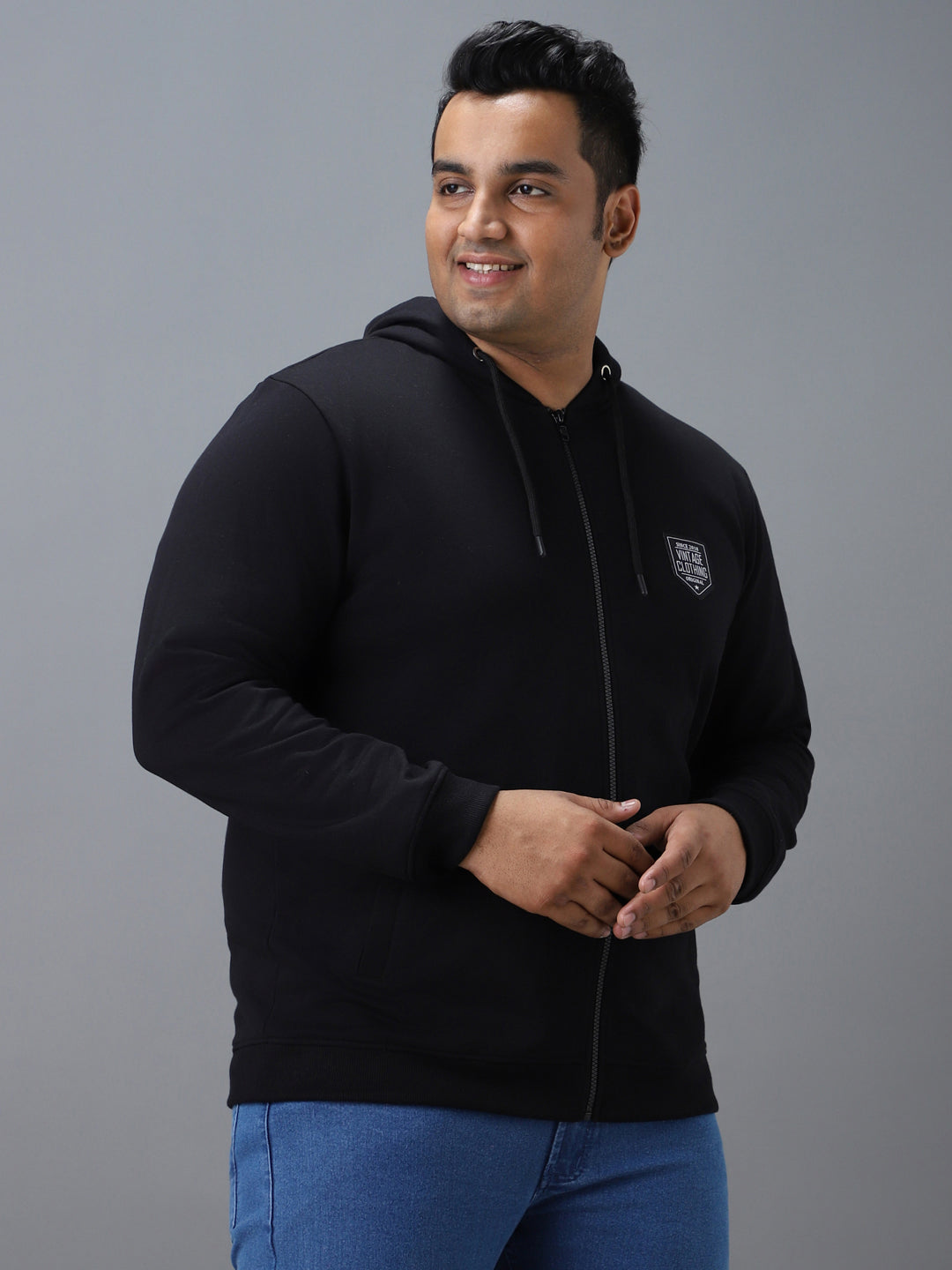 Urbano Plus Men's Black Cotton Solid Zippered Hooded Neck Sweatshirt