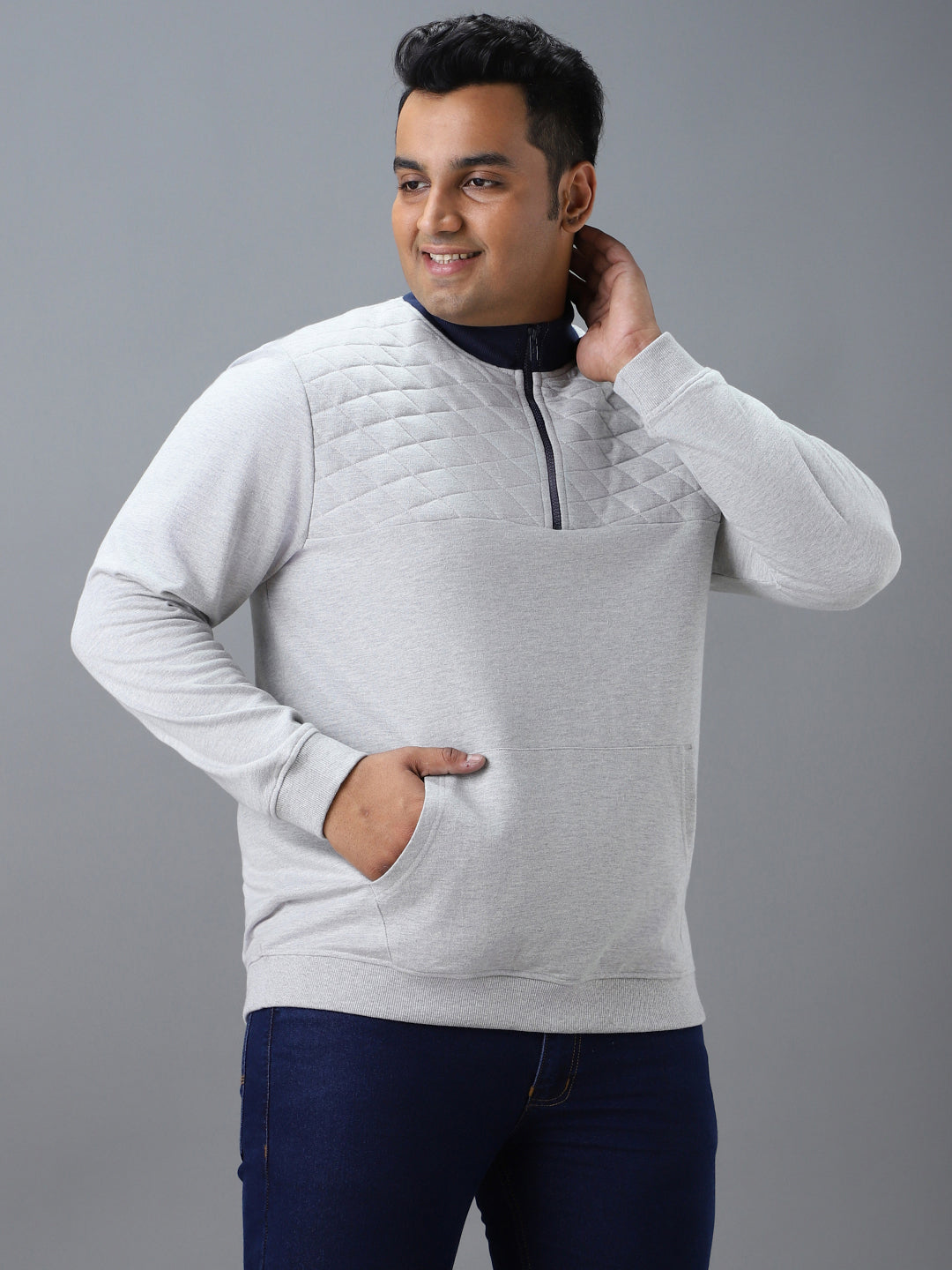 Urbano Plus Men's Grey Cotton Solid Zippered High Neck Sweatshirt