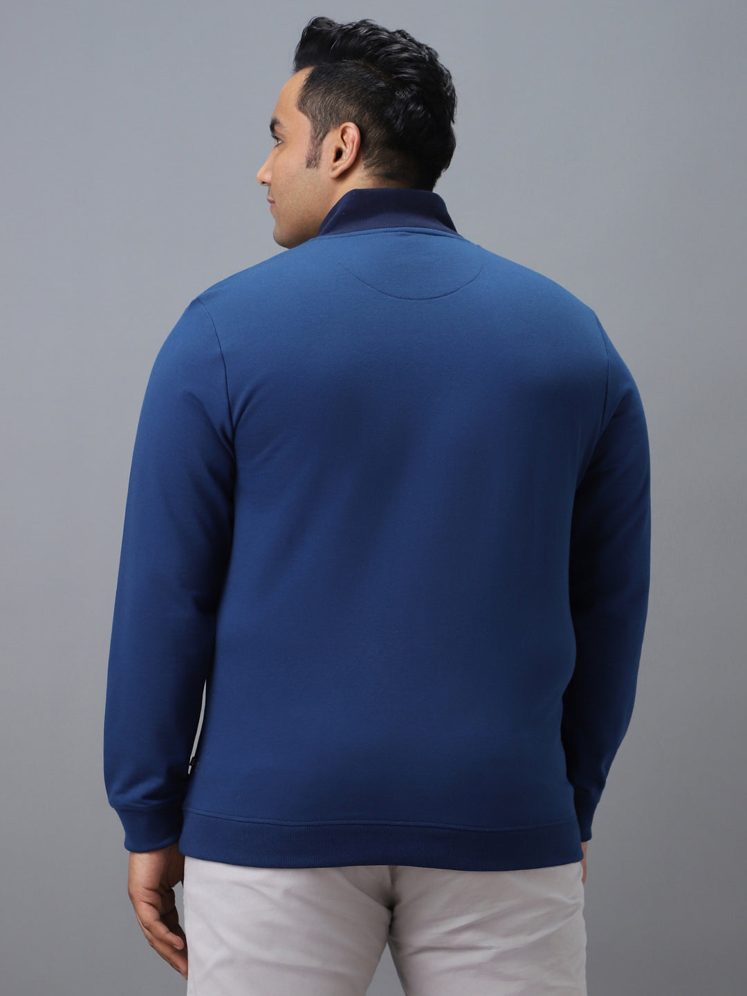 Urbano Plus Men's Blue Cotton Solid Zippered High Neck Sweatshirt