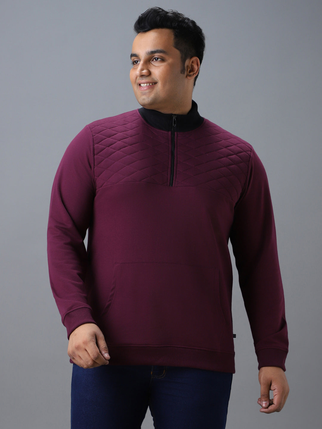 Plus Men's Purple Cotton Solid Zippered High Neck Sweatshirt
