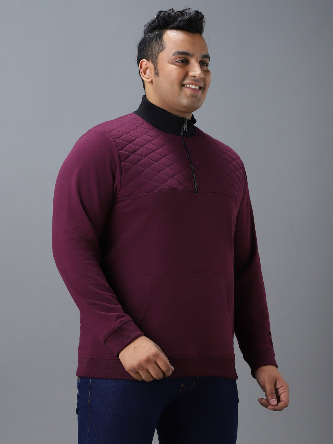 Urbano Plus Men's Purple Cotton Solid Zippered High Neck Sweatshirt