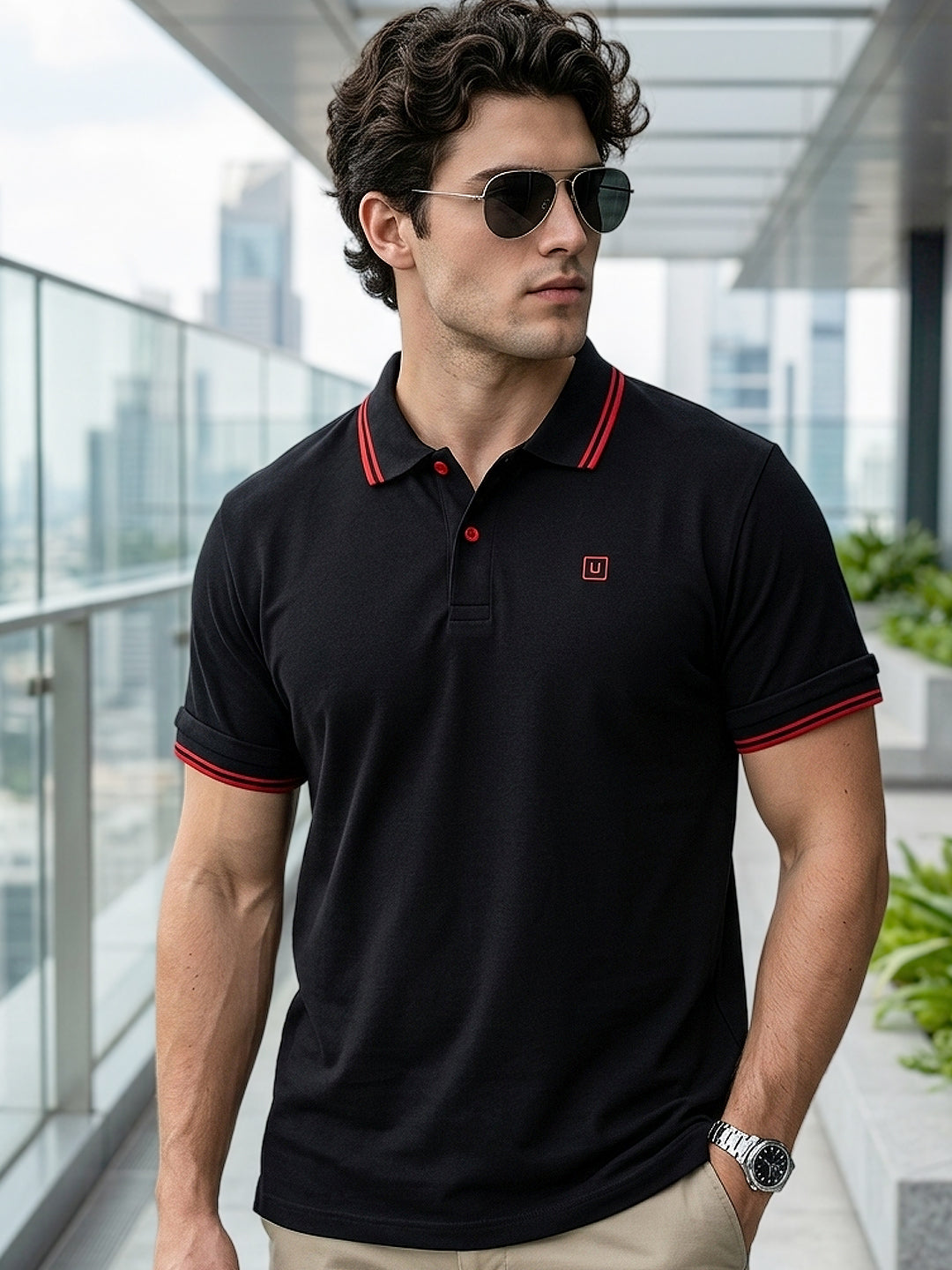 Plus Men's Black Solid Cotton Polo T-Shirt