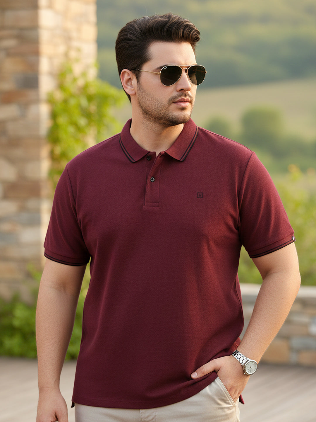 Plus Men's Maroon Solid Cotton Polo T-Shirt