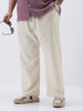 Plus Men's Cream Loose Fit Solid Linen Blend Trousers Non-Stretchable